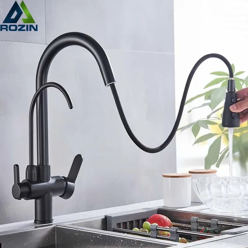 Robinet de cuisine purificateur d'eau noir, filtre rotatif à 360°, douchette extractible, mitigeur 3 voies eau chaude et froide – photo 2