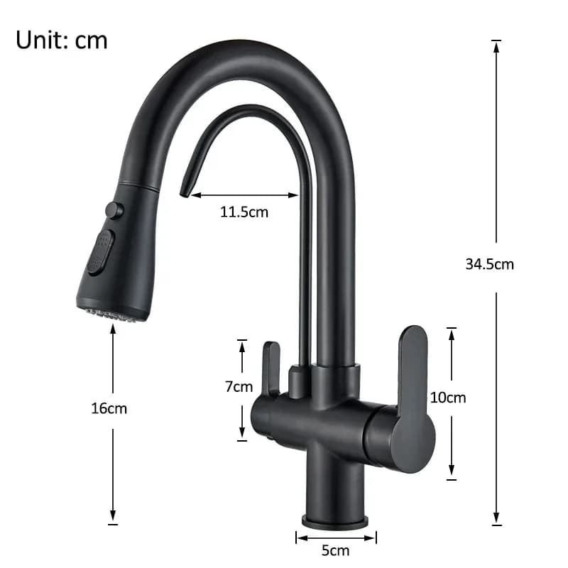 Robinet de cuisine purificateur d'eau noir, filtre rotatif à 360°, douchette extractible, mitigeur 3 voies eau chaude et froide – photo 4