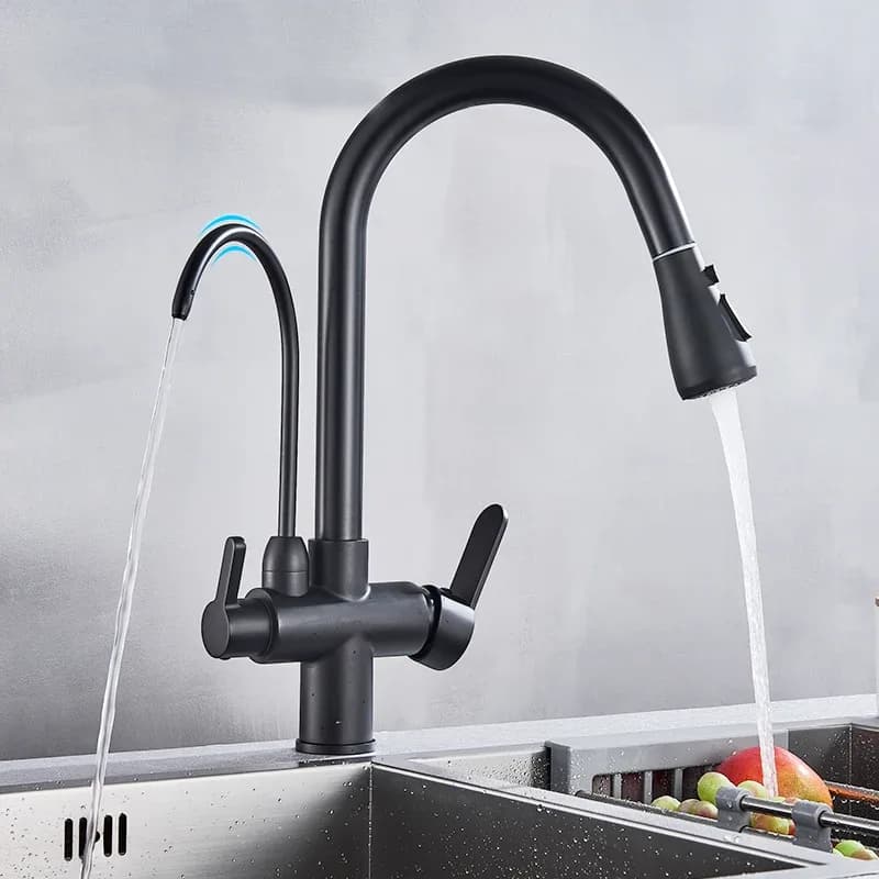 Robinet de cuisine purificateur d'eau noir, filtre rotatif à 360°, douchette extractible, mitigeur 3 voies eau chaude et froide – photo 3