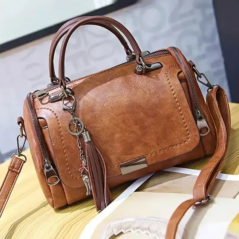 Sac à bandoulière de grande capacité pour femmes, décor à pompon, sac à bandoulière à fermeture éclair avec sangle amovible, sac à main Boston – photo 2
