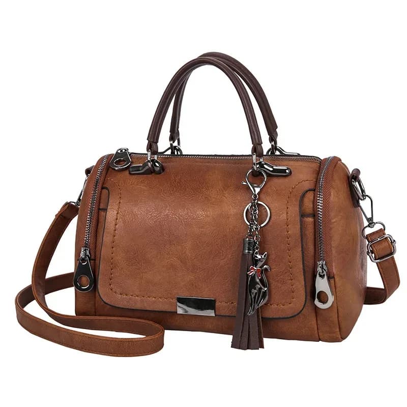 Sac à bandoulière de grande capacité pour femmes, décor à pompon, sac à bandoulière à fermeture éclair avec sangle amovible, sac à main Boston