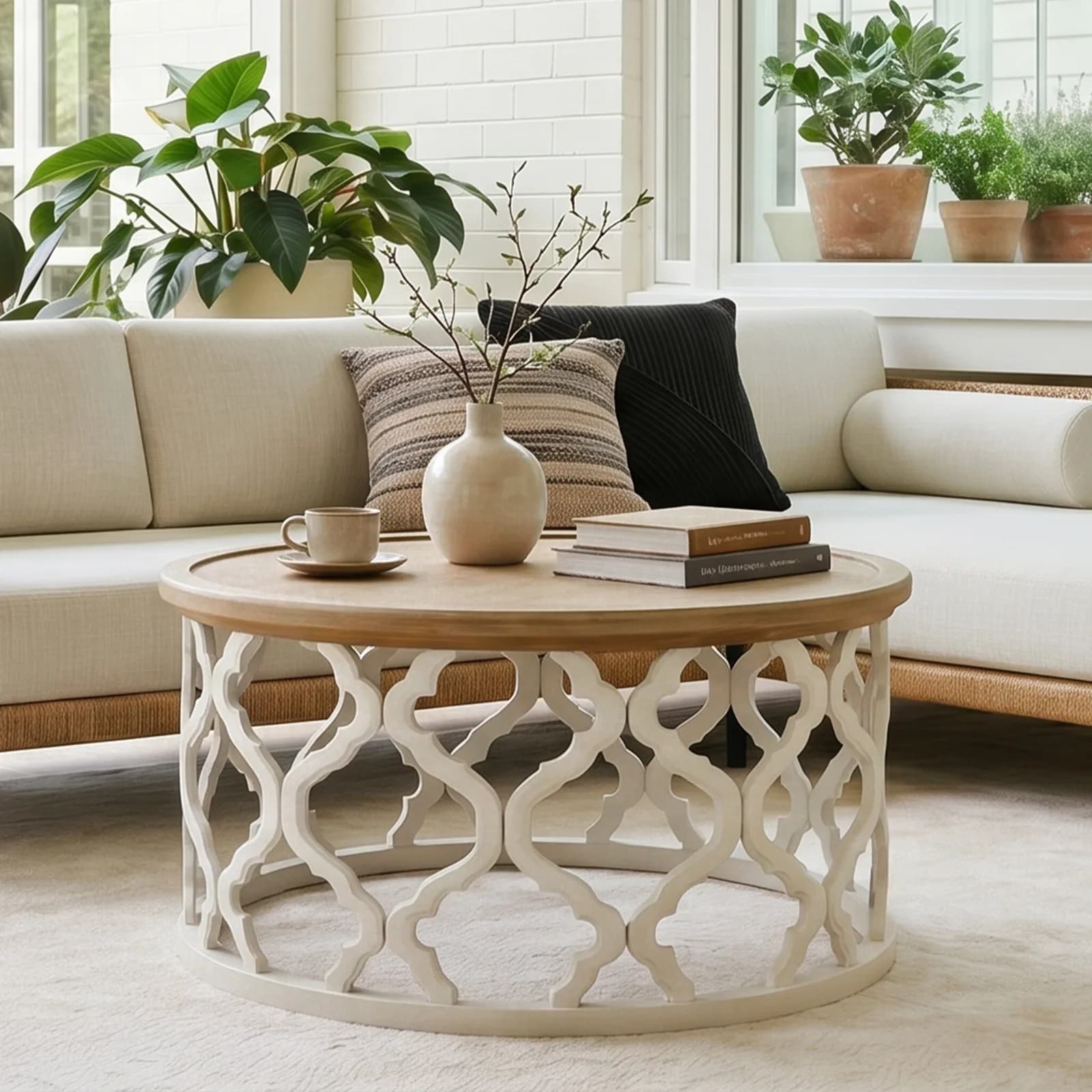 Table basse ronde en bois Ø 76 cm, style campagne chic