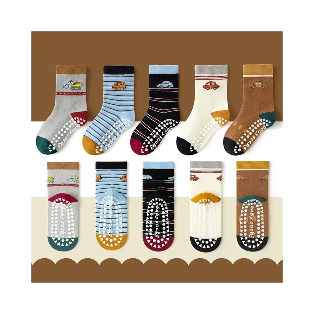 5 paires de chaussettes antidérapantes enfant, motifs véhicules