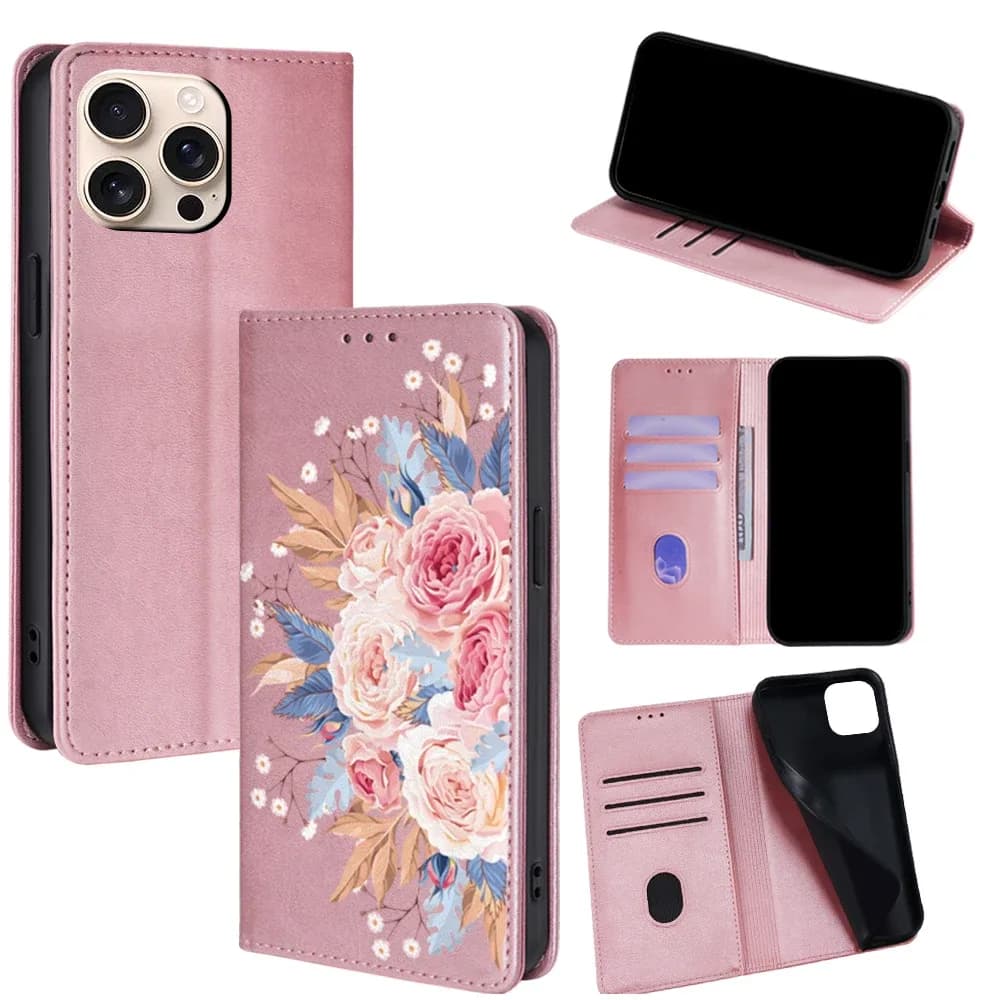 Étui portefeuille fleuri en simili cuir pour iPhone 11 à 17