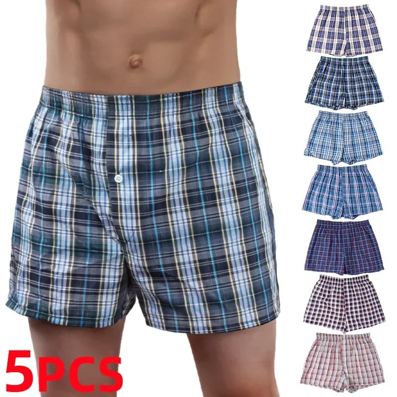 Lot de 3/5/7 pièces de boxers amples à carreaux pour hommes, sous-vêtements décontractés avec taille élastique et boutons, shorts tissés pour la maison