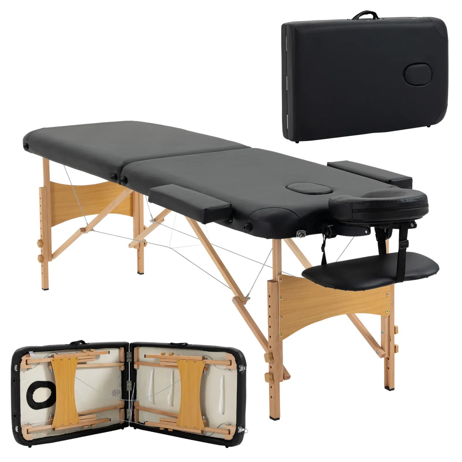 HOMCOM HOMCOM Lit/Table de Massage cosmetique Pliable en Bois 2 Zones noir