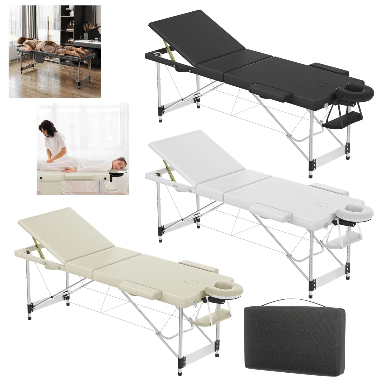 Table de massage pliante avec accoudoirs et appui-tête, table de massage portable réglable en hauteur de 62 à 83 cm, cadre en aluminium léger, capacité de charge de 230 kg, lit de salon mobile pour thérapie, spa, massage et soins de beauté à domicile