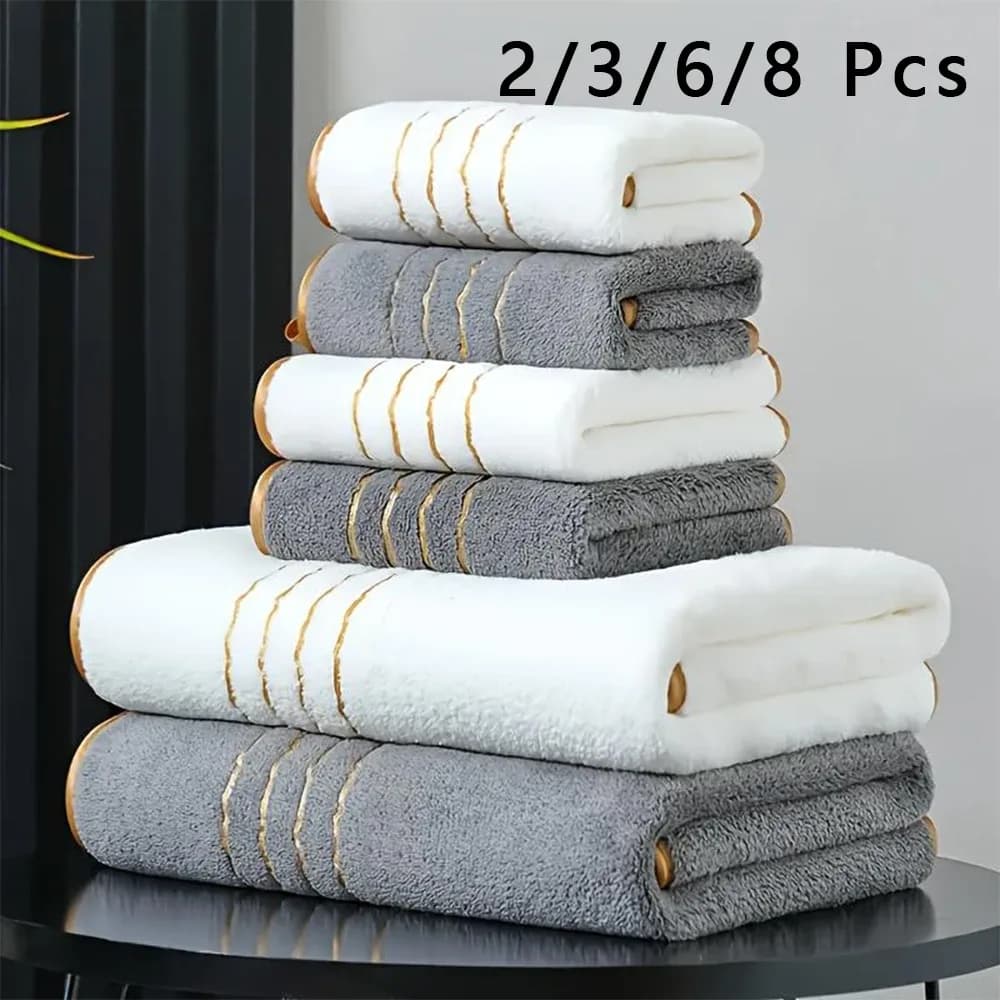 Ensemble de serviettes de bain 2/3/6/8 pièces, blanc et gris avec accents dorés, serviettes douces et absorbantes de qualité supérieure pour la maison, l'hôtel et la salle de bain