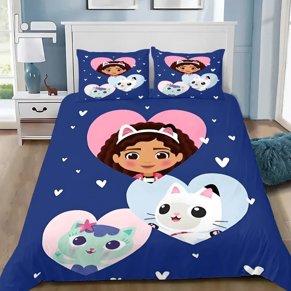 Parure de lit dessin animé Gabby's Dollhouse – Housse de couette et taies d'oreiller pour chambre d'enfant, adulte, garçon ou fille – Décoration de chambre simple ou double