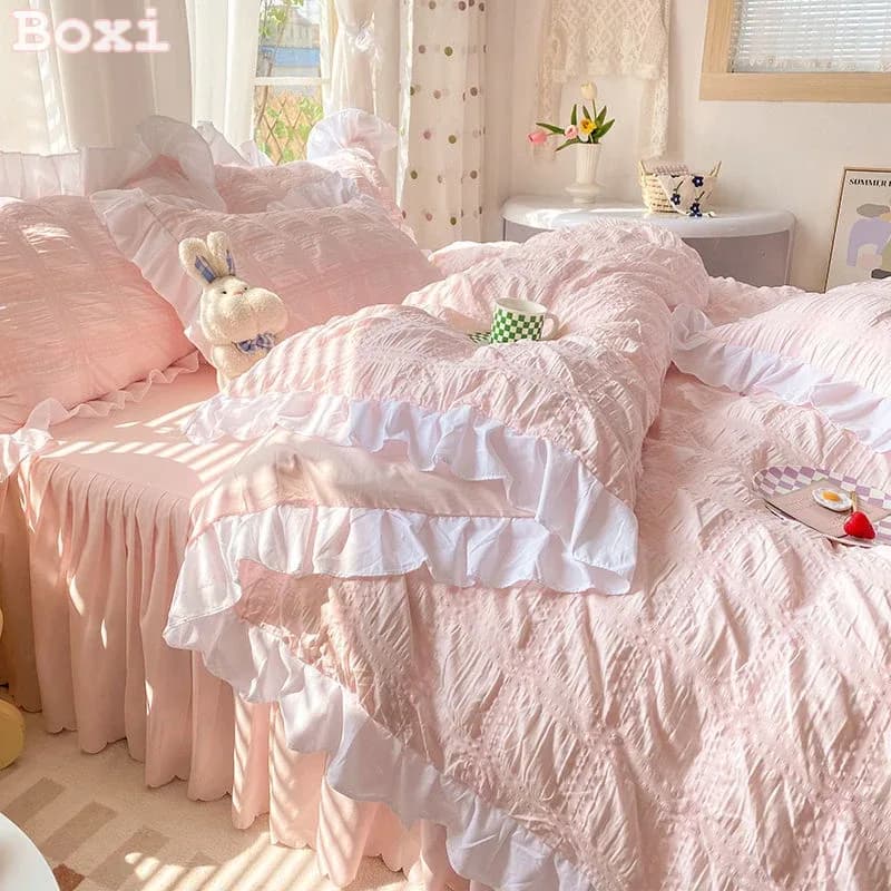 Parure de lit Seersucker Style princesse pour femmes, ensemble de literie en coton, couleur unie, jupe à volants, drap, housse de couette King Queen