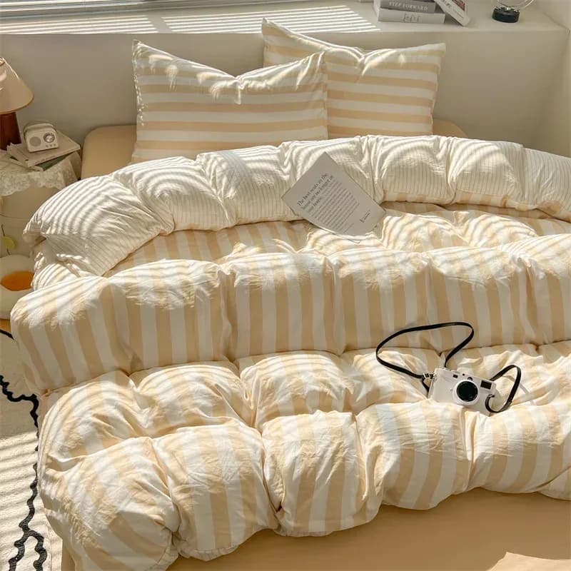 Ensemble de couette rayée en crêpe Double fil de coton lavé, taie d'oreiller 3-4 avec drap, housse de literie, fournitures 200x230 220x240, respectueuses de la peau