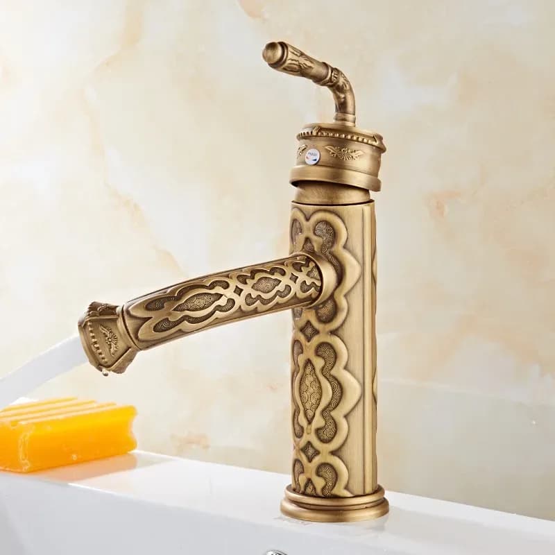 Robinet de lavabo en laiton massif, style vintage antique, mitigeur d'eau chaude et froide à poignée unique avec bec pivotant à 360 degrés