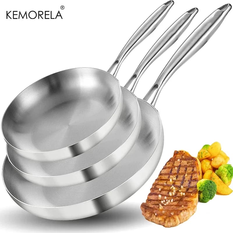 2/3 pièces poêle 22/24/26/28CM 304 acier inoxydable 2MM d'épaisseur Wok poêle 5 plis en acier de qualité alimentaire poêles antiadhésives pour marmite