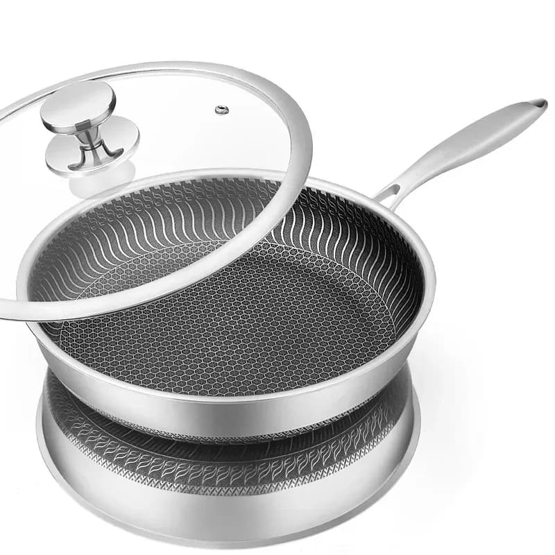 LMETJMA Poêle à frire antiadhésive en nid d'abeille en acier inoxydable avec couvercle Tables de cuisson à gaz électriques en céramique à induction compatibles KC0480