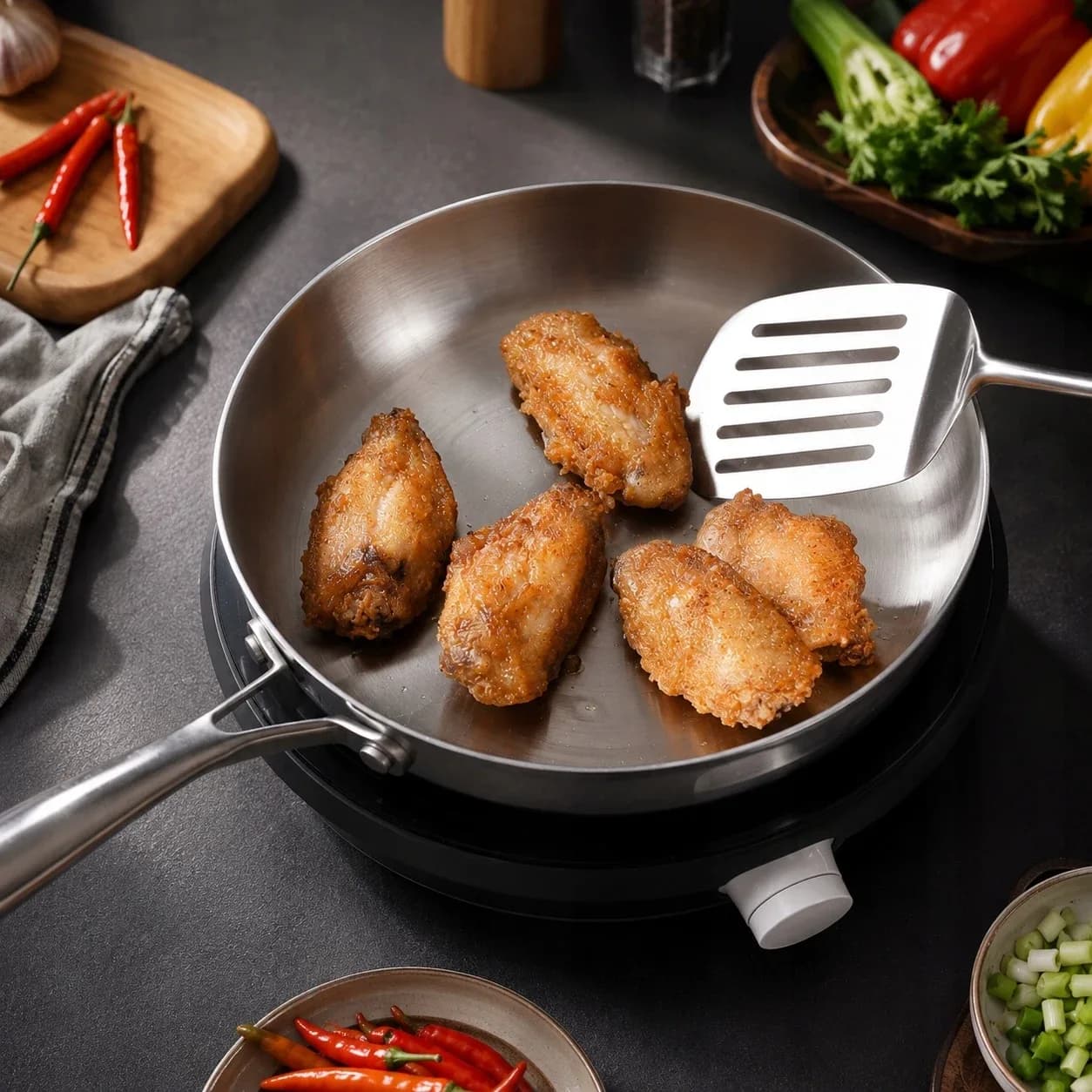Poêle à frire en acier inoxydable tri-pli de 24 cm, 2,0 L, compatible avec les fours à induction et à gaz, résistante à 260 °C ° Poêle commerciale C lavable au lave-vaisselle