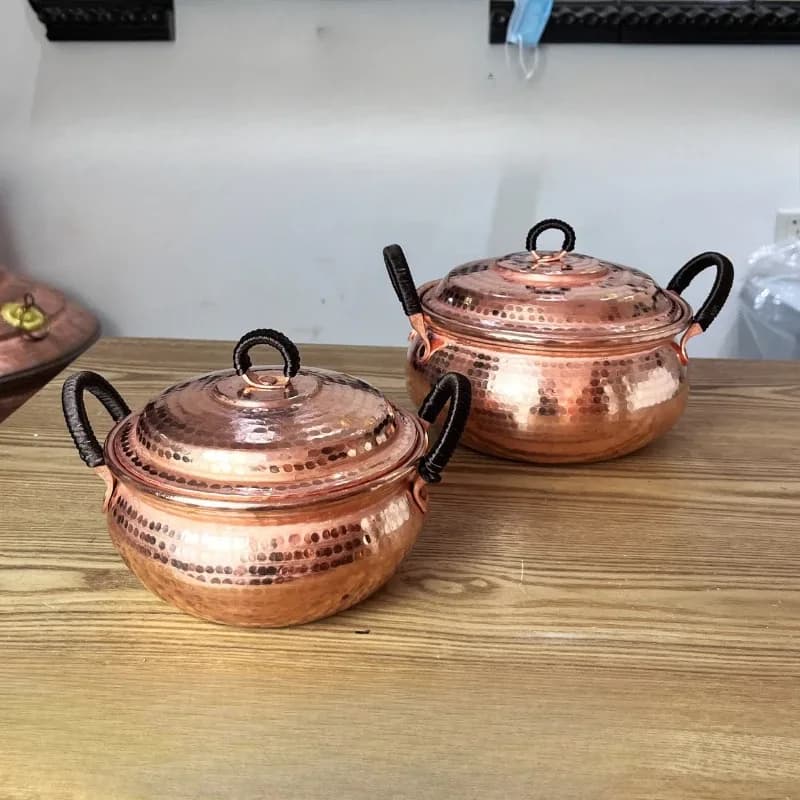 Mini marmite à soupe en cuivre à Double poignée faite à la main avec cuisinière à Induction à Double revêtement violet, marmite à ragoût épaisse sans fumée Compatible