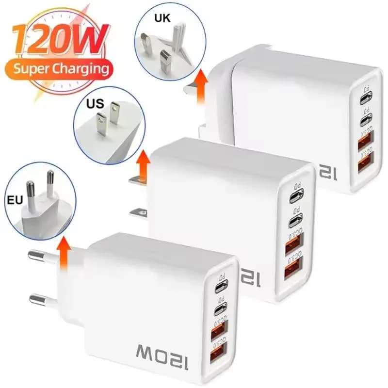 Chargeur USB Type C à charge rapide 120W, 4 ports PD, charge rapide 3.0, pour iPhone, Samsung, Xiaomi, Huawei, adaptateur de téléphone avec prise EU, US, UK