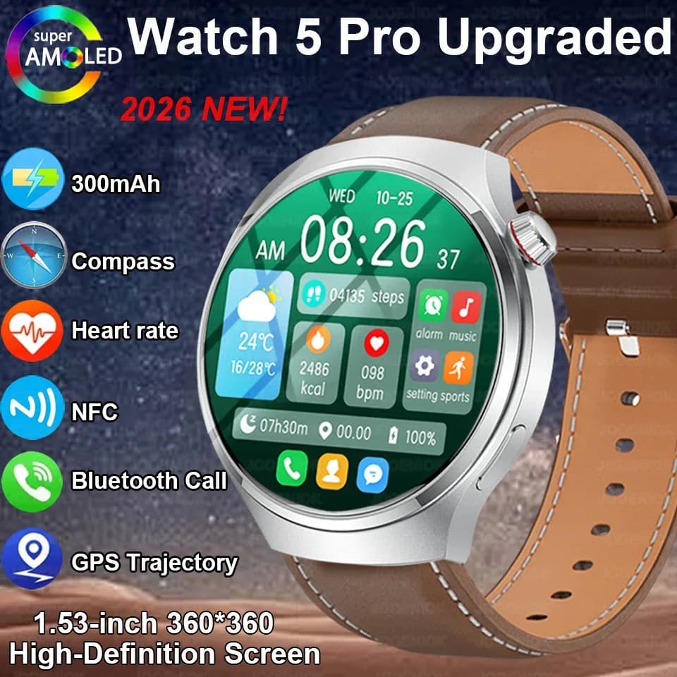 Nouvelle montre connectée 5 Pro 2026 avec GPS, NFC, écran AMOLED HD 360*360, appels Bluetooth, étanche, pour hommes, compatible Android et iOS