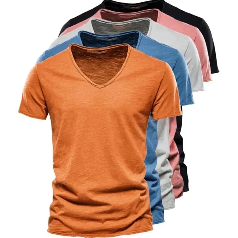 Nouveau 100% coton hommes T-shirt hauts col en V mince à manches courtes t-shirts de haute qualité hommes mode Fitness T-shirt chaud pour hommes taille S-5XL
