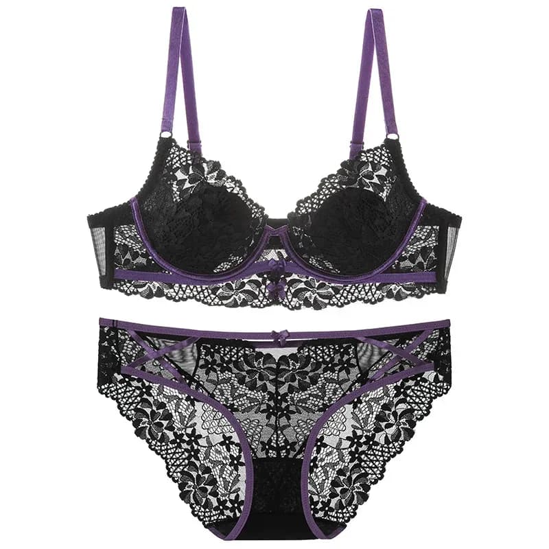 Nouvel ensemble de lingerie sexy pour femme, soutien-gorge push-up en dentelle, bralette à bonnets fins 3/4 style français, avec jolie décoration nœud, confortable, comprenant soutien-gorge et culotte