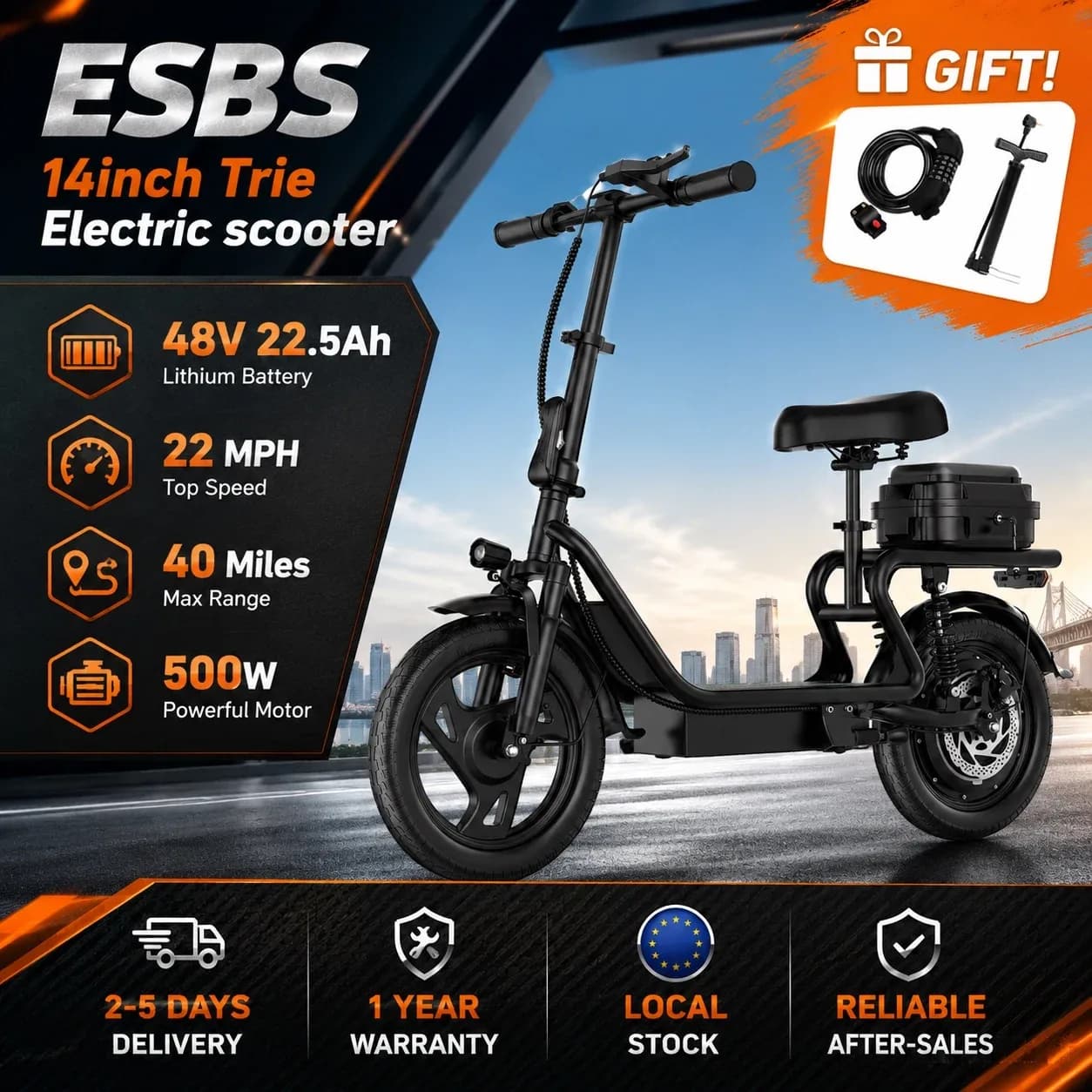 Trottinette Électrique Pliable ESBS 14 Pouces avec Moteur 500W, Batterie Lithium 48V 22.5Ah, Vitesse Max 22 MPH, Autonomie 40 Miles, Vélo Électrique Urbain pour Adulte avec Siège et Rangement Arrière, Frein à Disque et Suspension, Stock UE