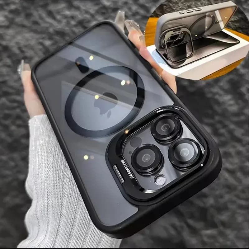 Coque de téléphone magnétique de luxe antichoc pour iPhone 16 15 14 13 12 17 18 Pro Max, compatible avec Magsafe, avec support et protection d'objectif en verre.