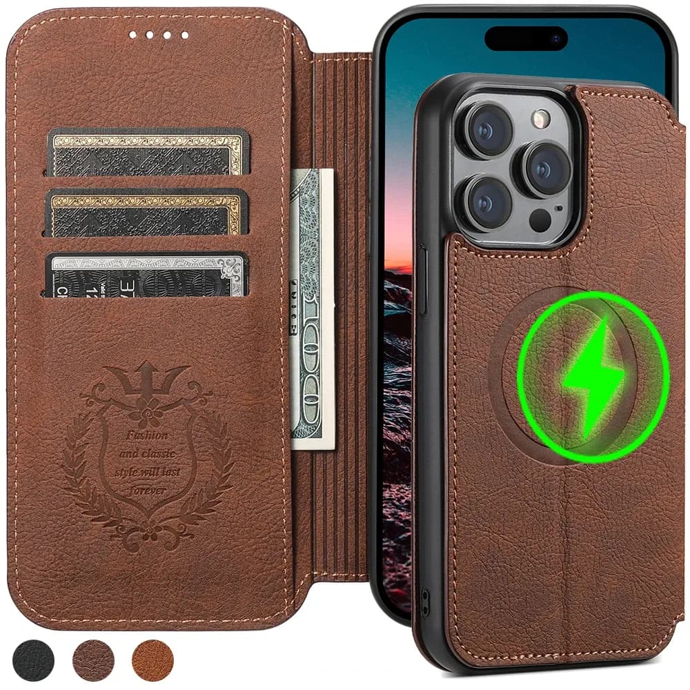 Étui de téléphone en cuir compatible avec la recharge sans fil SUTENI pour iPhone 13 14 15 16 Plus 17 18 Pro Max, avec couverture rabattable et porte-cartes.