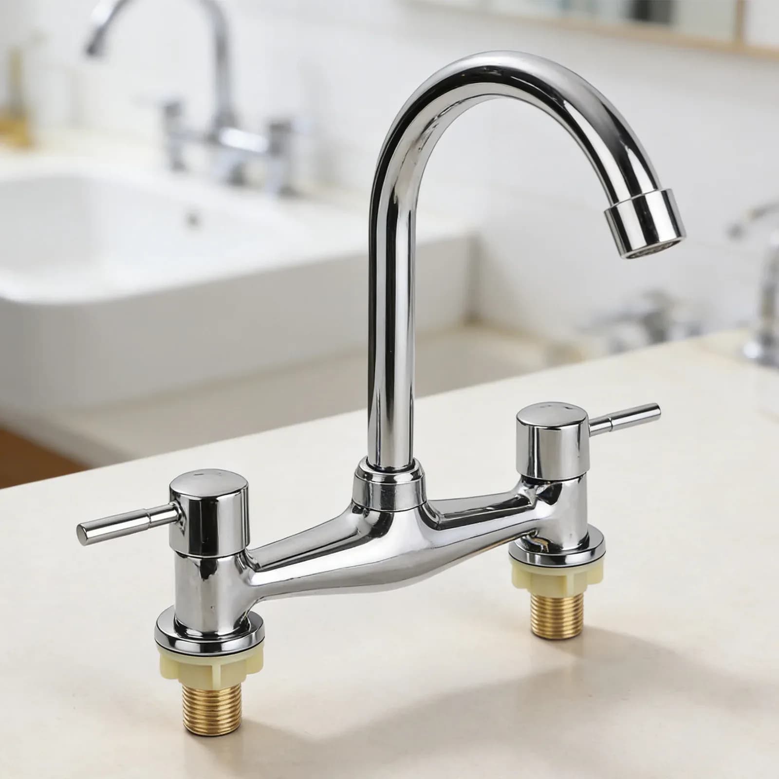 Robinet de cuisine moderne à double levier chromé, mitigeur chaud et froid, 2 trous, pour lavabo moderne