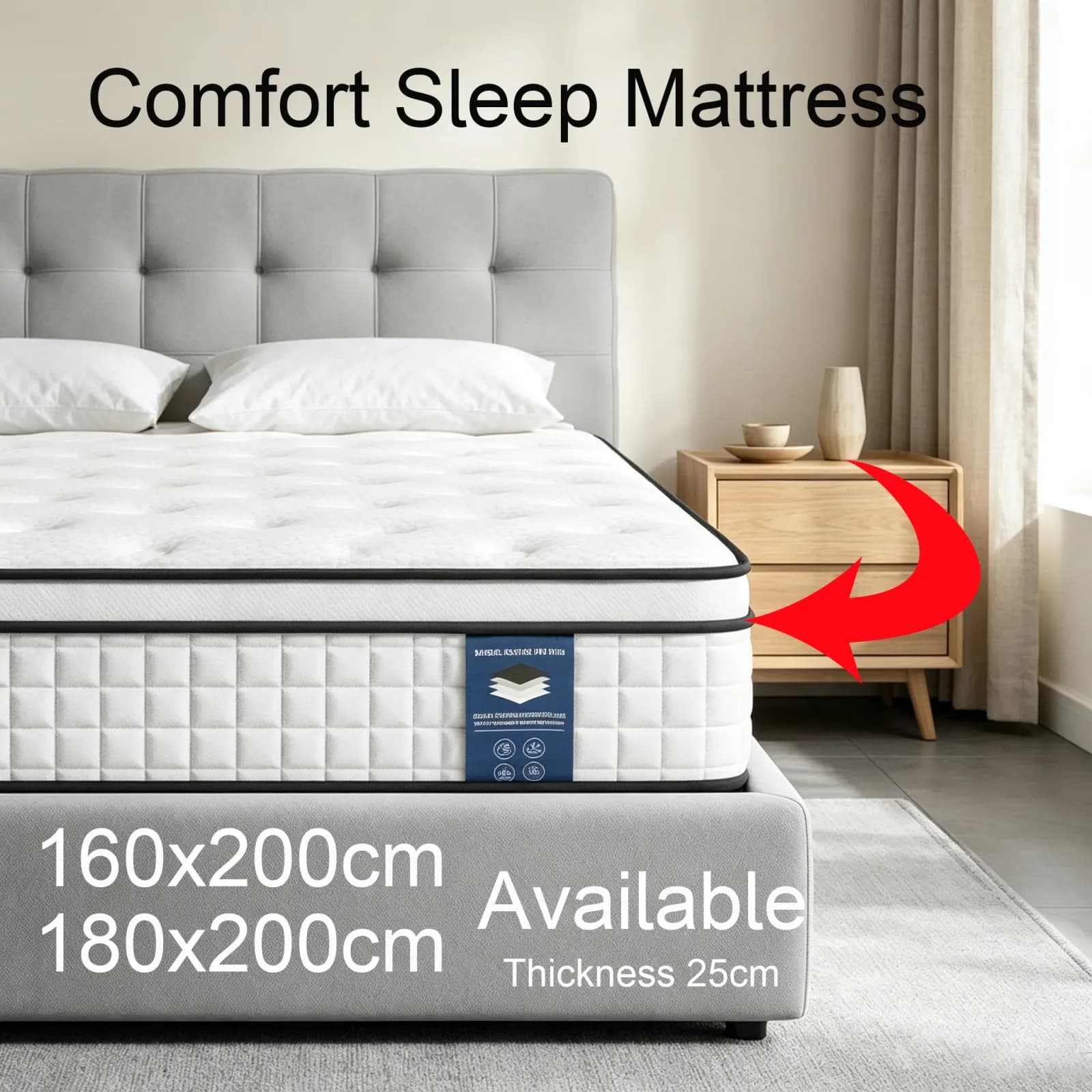 Matelas hybride à ressorts ensachés SKSBTF 140x200cm 160x200cm, épaisseur 25cm, matelas respirant avec bord de soutien et isolation anti-mouvement pour la maison, la chambre à coucher et le mobilier de lit