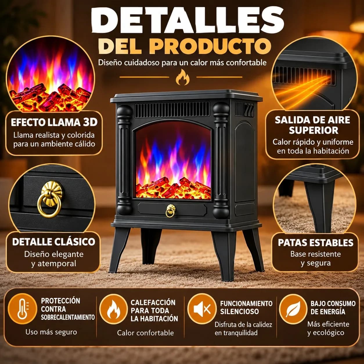 Cheminée électrique portable de 1800 W avec effet de flamme 3D réaliste, poêle décoratif avec 2 niveaux de chaleur, radiateur silencieux à faible consommation pour la maison et le salon, dimensions : 35 x 18 x 42 cm.