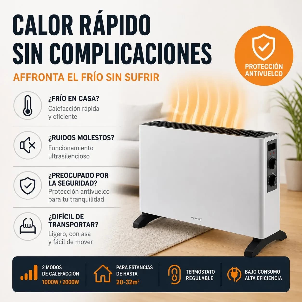 Radiateur convecteur électrique 2000W avec thermostat réglable, 2 modes de chauffage, système anti-basculement et protection contre la surchauffe pour pièces de 20 à 32 m², design métallique portable