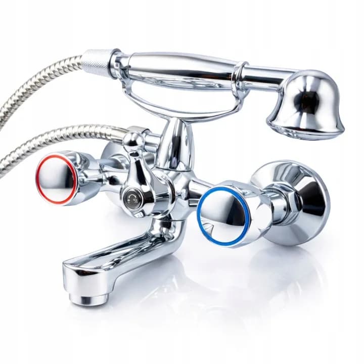 Mitigeur baignoire-douche mural chromé W-1002 avec flexible, douchette et support