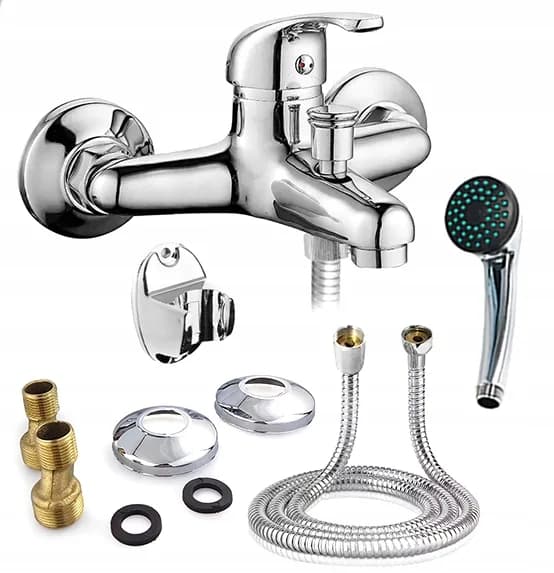 Mitigeur baignoire-douche mural avec douchette, flexible 120 cm et support, au choix chrome ou noir