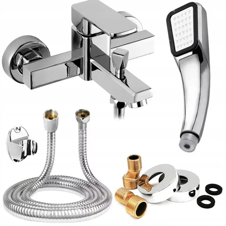Mitigeur baignoire-douche mural chromé W2074 style Cubic, avec set de douche