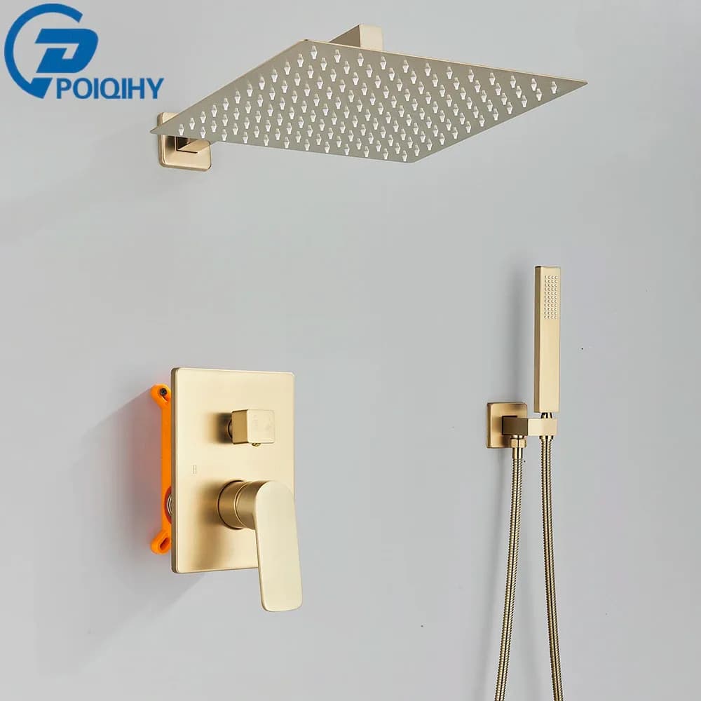 Robinetterie de douche murale dorée brossée POIQIHY, ensemble de douche encastré, mitigeur de douche pluie 2 voies pour salle de bain