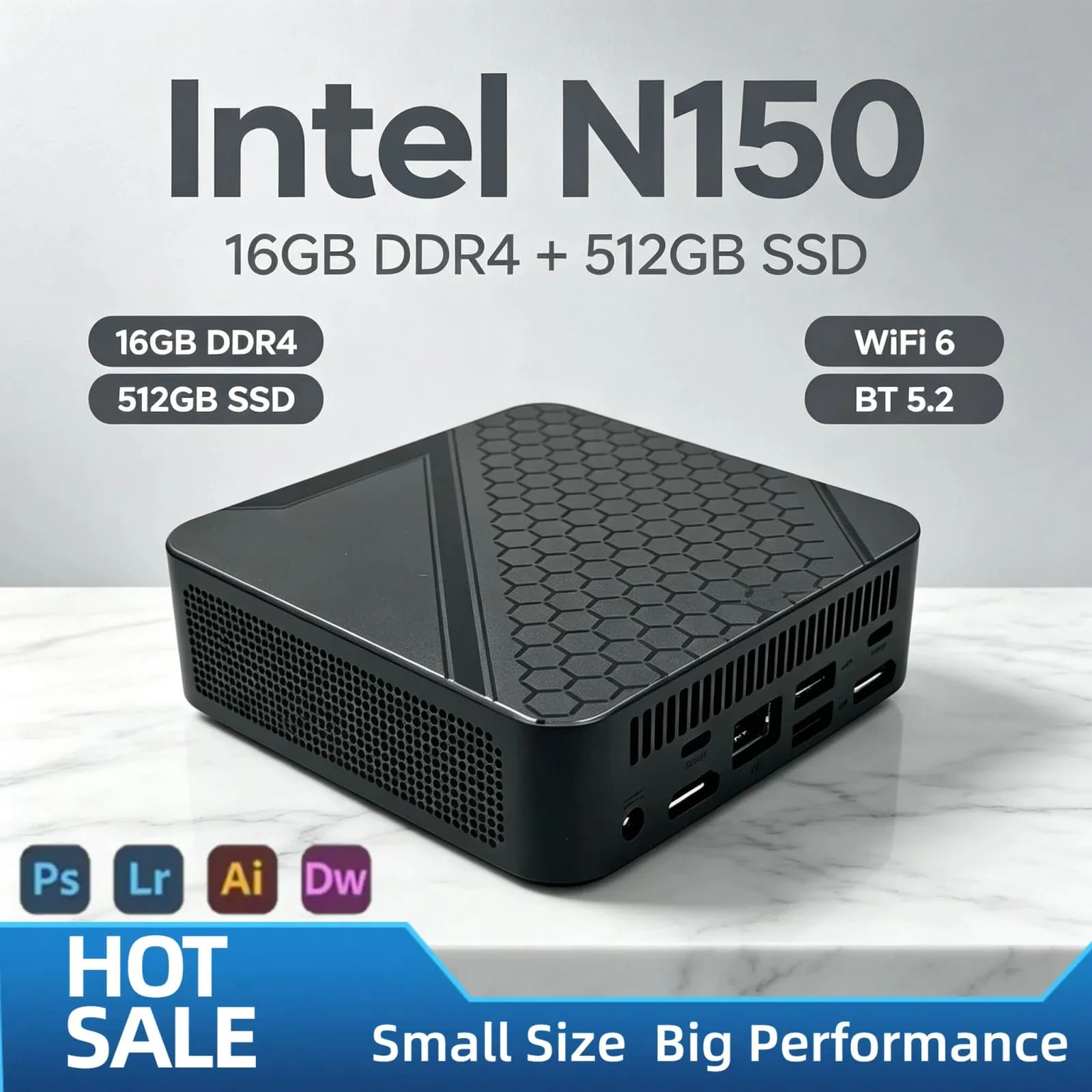 Mini PC Intel N150 2026, 16 Go DDR4, SSD M.2 NVMe 512 Go, Triple 4K, WiFi 6, BT5.2, Refroidissement Silencieux, Bureau et Domicile, Pro Ultra