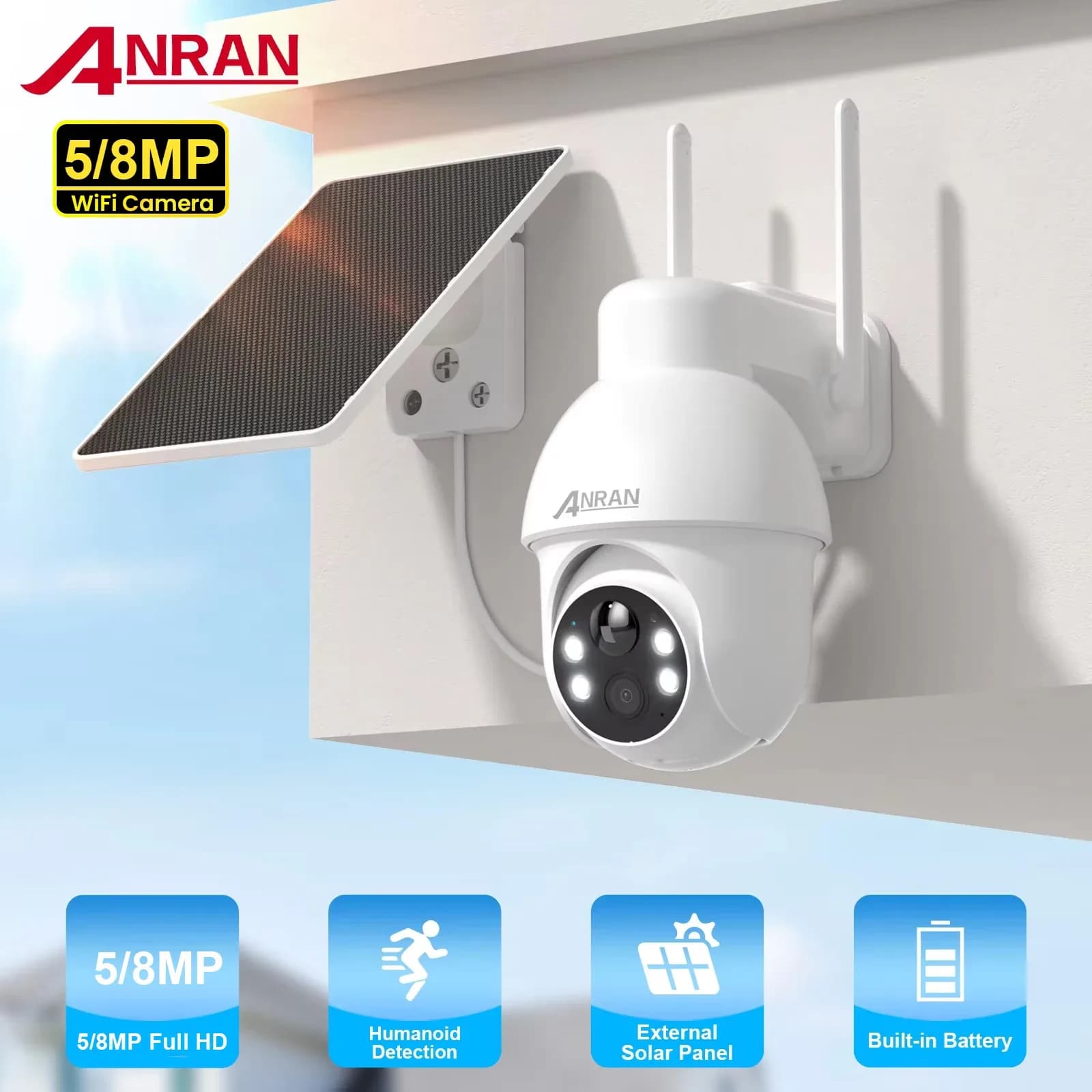 Caméra solaire ANRAN 4K 8MP, caméra WIFI 3K 5MP 2.4G, caméras extérieures à batterie, caméras de sécurité pour la maison, détection humaine PIR, vision nocturne couleur, audio bidirectionnel