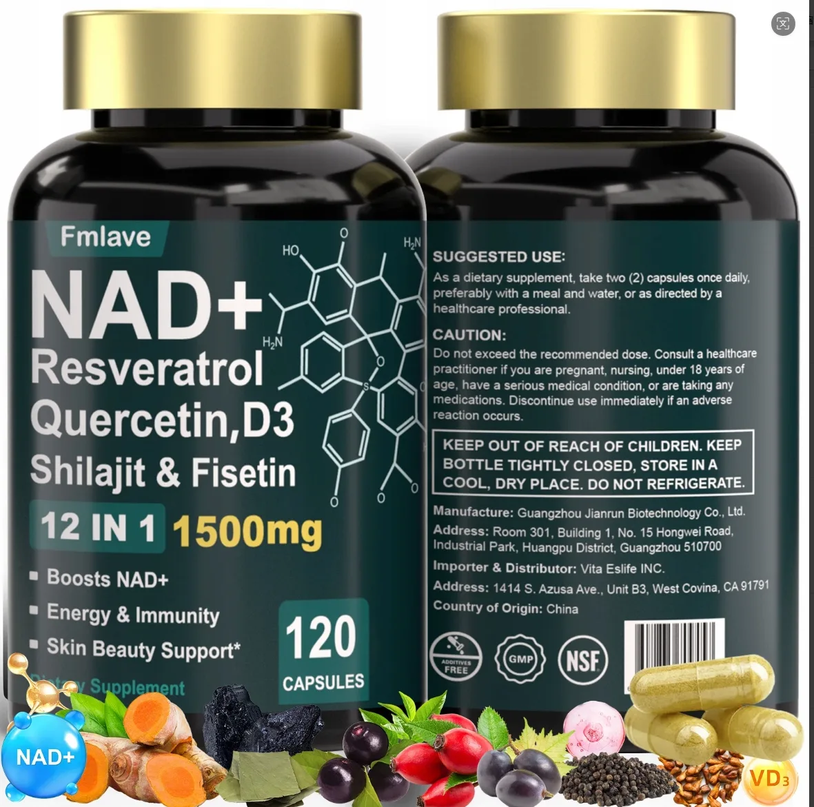 Complément de NAD+ 1500 mg avec trans-resvératrol - Augmente les niveaux de NAD+, 120 capsules