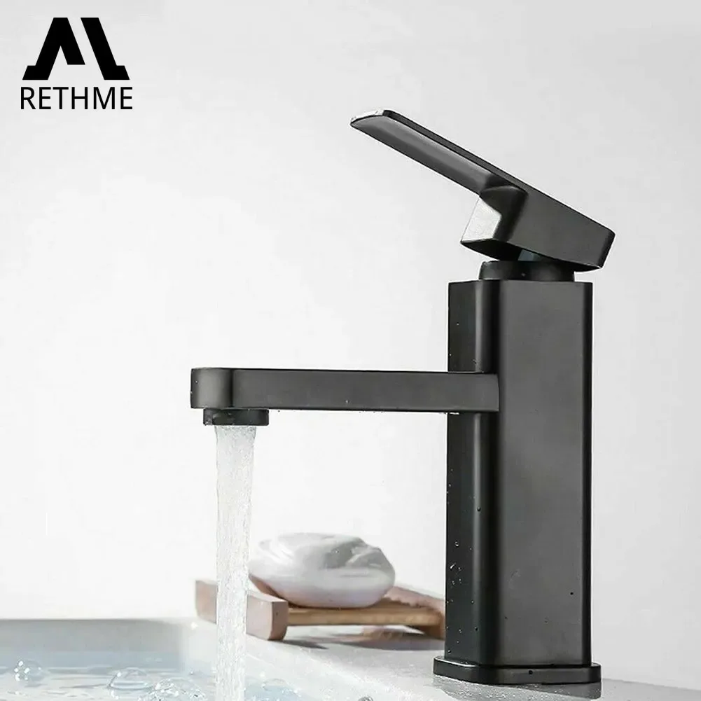 Robinet de salle de bain à une seule poignée RETHME, mitigeur de lavabo noir mat, robinet de lavabo pour eau chaude et froide, montage sur plan de lavabo à 1 trou