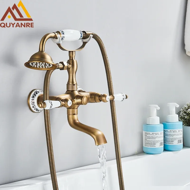 Ensemble de robinetterie de bain et de douche rétro en laiton antique bronze noir, mitigeur à double poignée, mural, avec bec de baignoire orientable