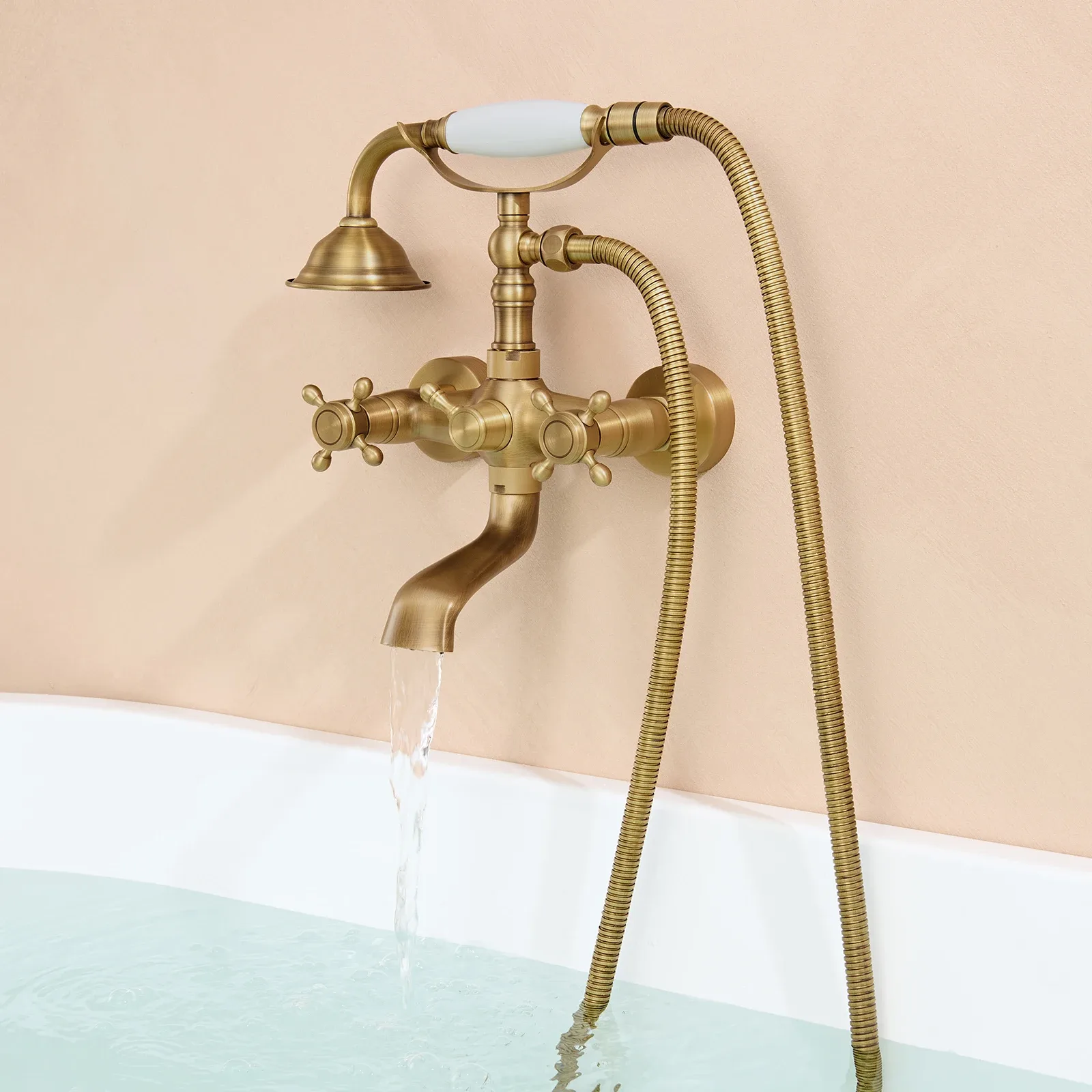 Ensemble de robinetterie de douche et de baignoire vintage Auralum, mitigeur de douche mural, kit de douche en bronze massif, poignées doubles classiques, robinet de baignoire rétro