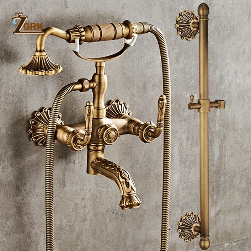 Ensemble de robinets de baignoire-douche en laiton Antique, ensemble de robinets de baignoire-douche muraux, bec de baignoire pivotant, douche de bain, robinet mitigeur sculpté à double contrôle