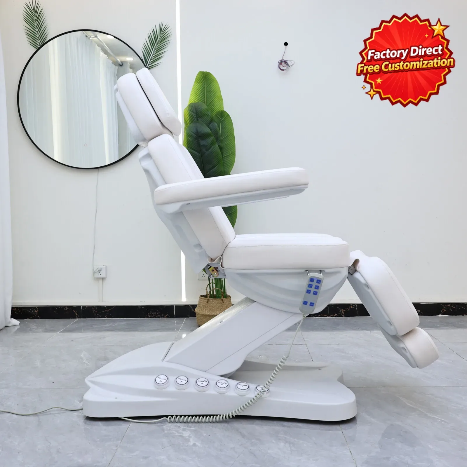 Fauteuil de massage facial électrique blanc, réglable et inclinable, pour esthéticienne, extension de cils, tatouage, spa, avec accoudoirs, pour salon