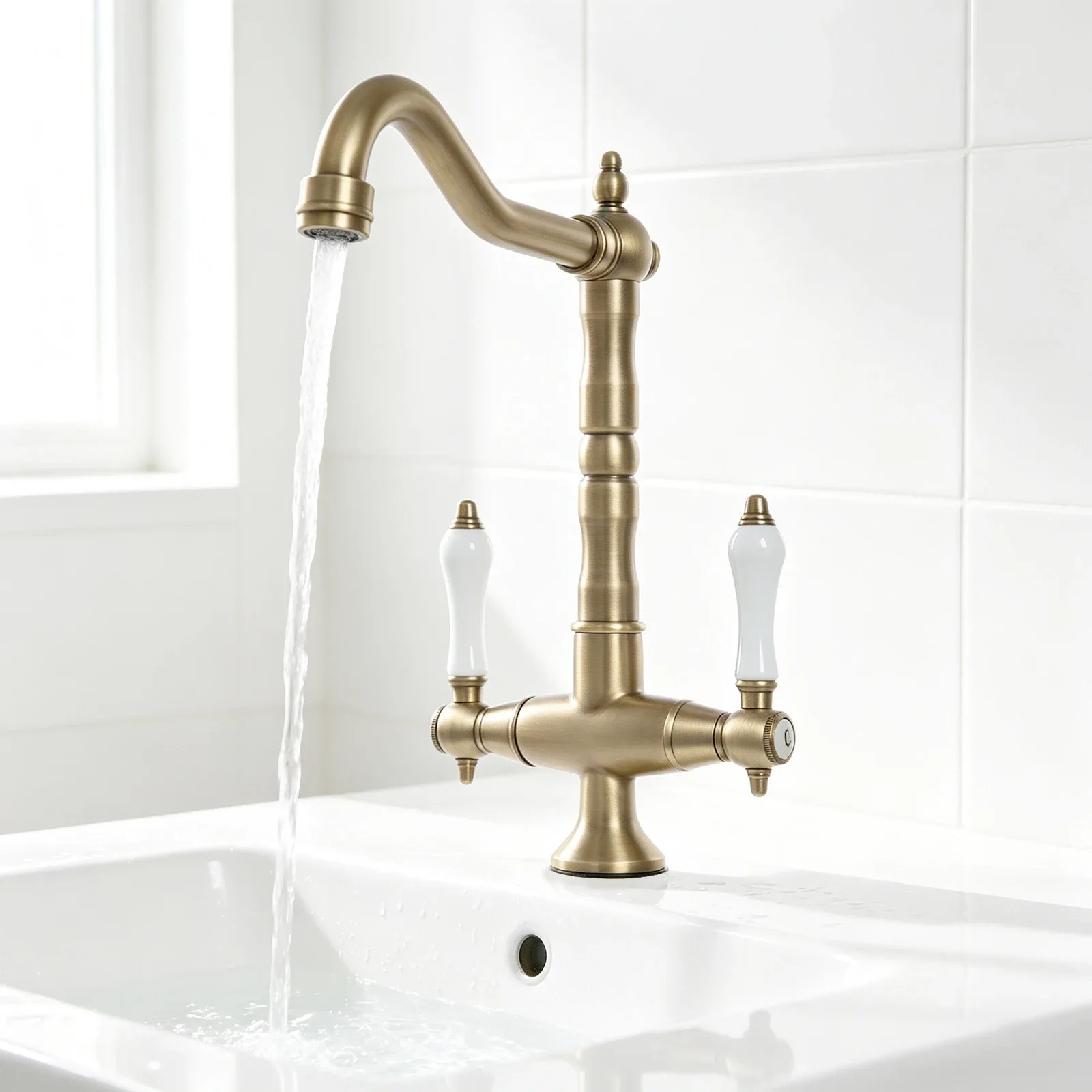 Robinet de lavabo vintage à deux poignées 360 ° Robinet de cuisine à deux poignées rotatives, avec deux tuyaux d’eau de 23,62 pouces et des raccords universels de 3/8 de pouce.