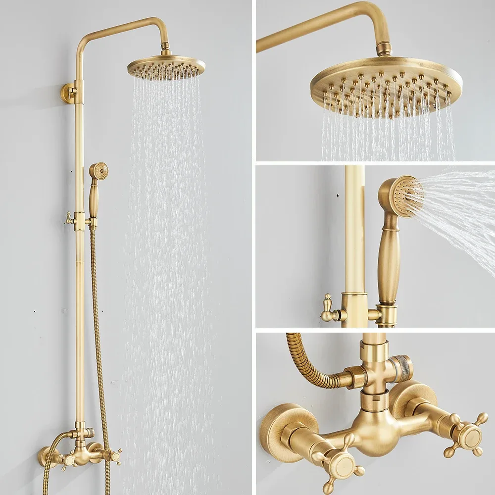 Ensemble de robinetterie de douche en laiton antique, montage mural, kit de douche rétro, mitigeur à double bouton, douchette à main, kit pour baignoire
