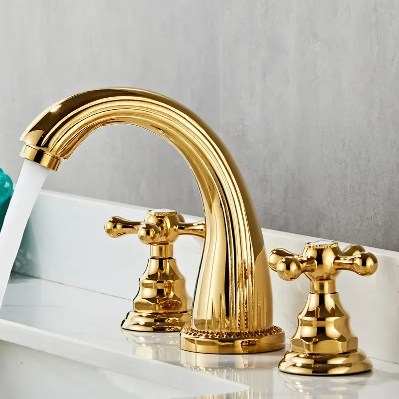 Robinet de lavabo en laiton antique, robinet de salle de bain classique à double poignée croisée, 3 trous, mitigeur de lavabo de comptoir doré, noir