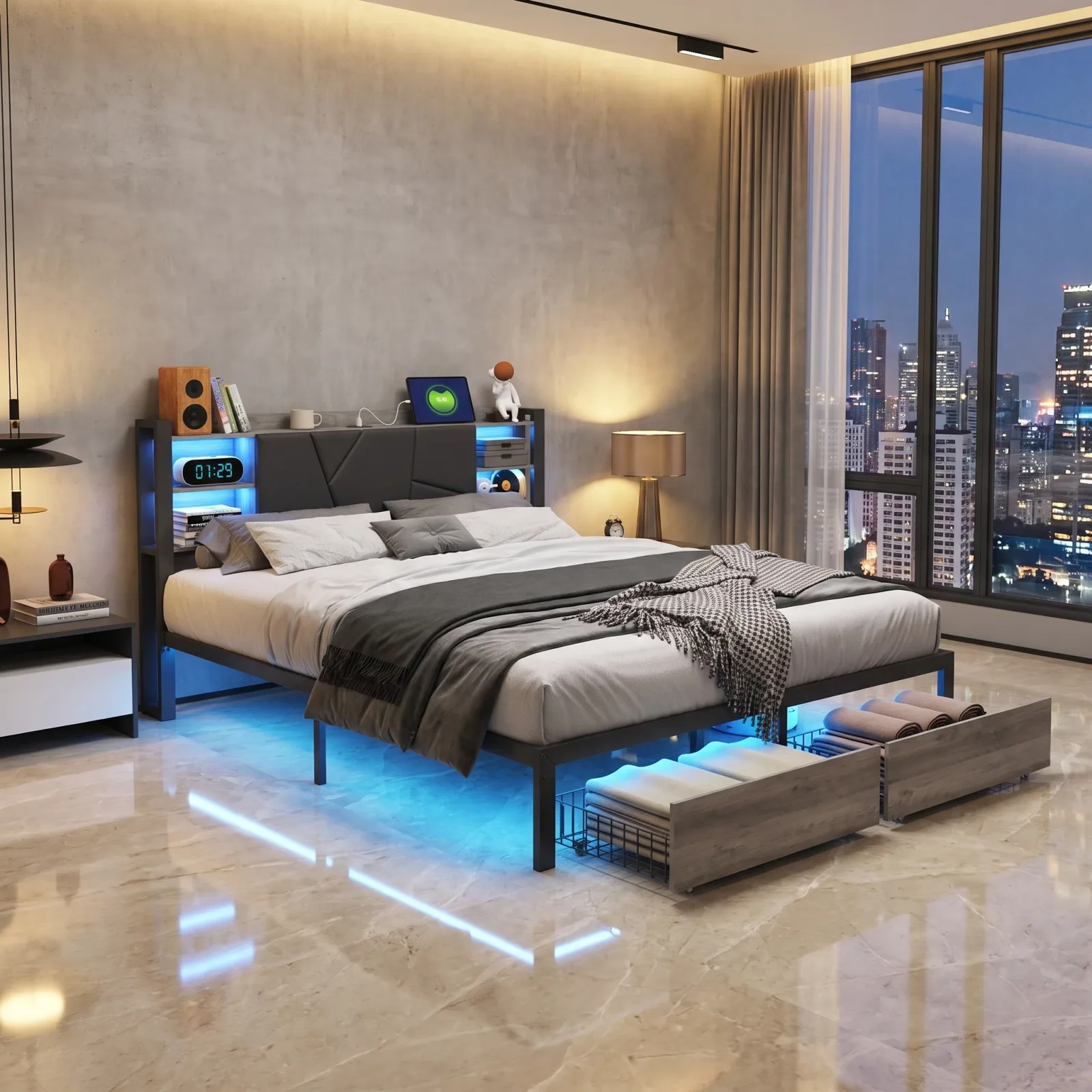 Lit 160x200 cm avec revêtement en PU, tête de lit avec espace de rangement, 2 tiroirs au pied et sommier à lattes métalliques pour chambre à coucher en noir