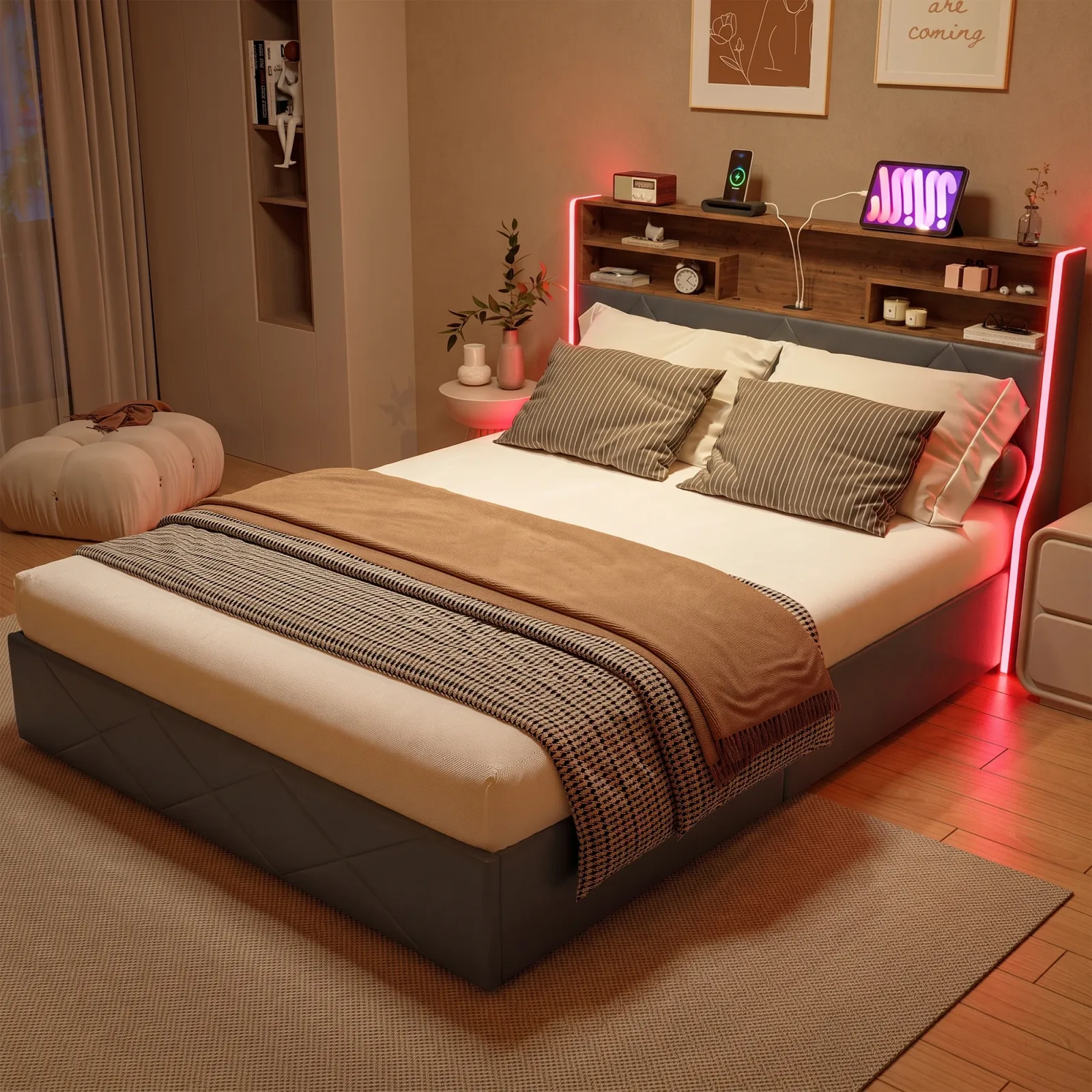 Lit rembourré Rosahqnda 140 x 200 cm avec tête de lit à rangement hydraulique, lit double 160x20 cm avec sommier à lattes et coffre de rangement, lit double avec tête de lit, en cuir PU, sans matelas