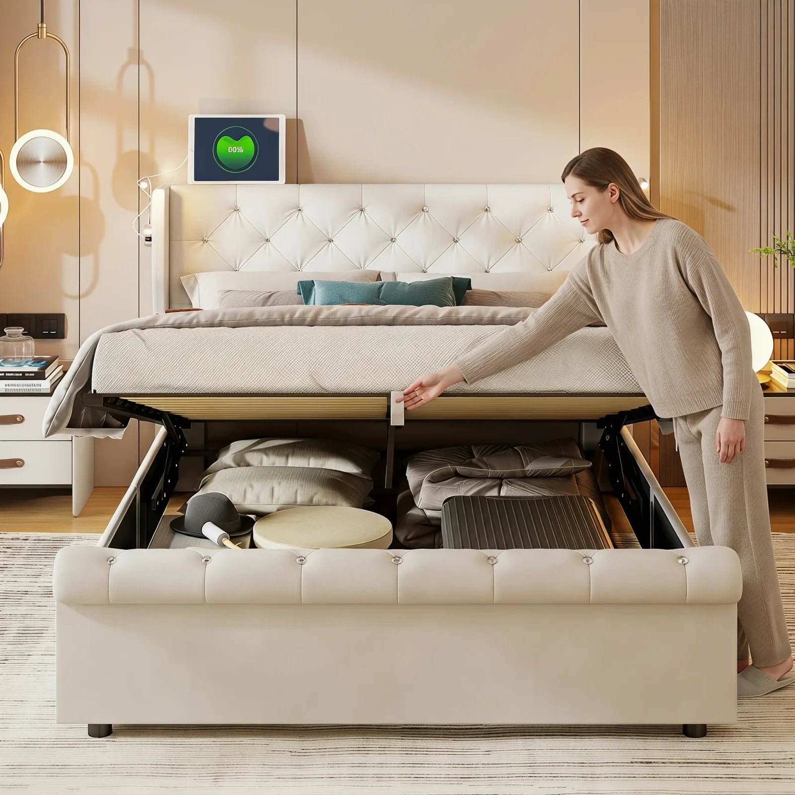 Lit double en velours, 140 cm × 190 cm, avec espace de rangement, réglable en hauteur pneumatiquement, beige (sans matelas)