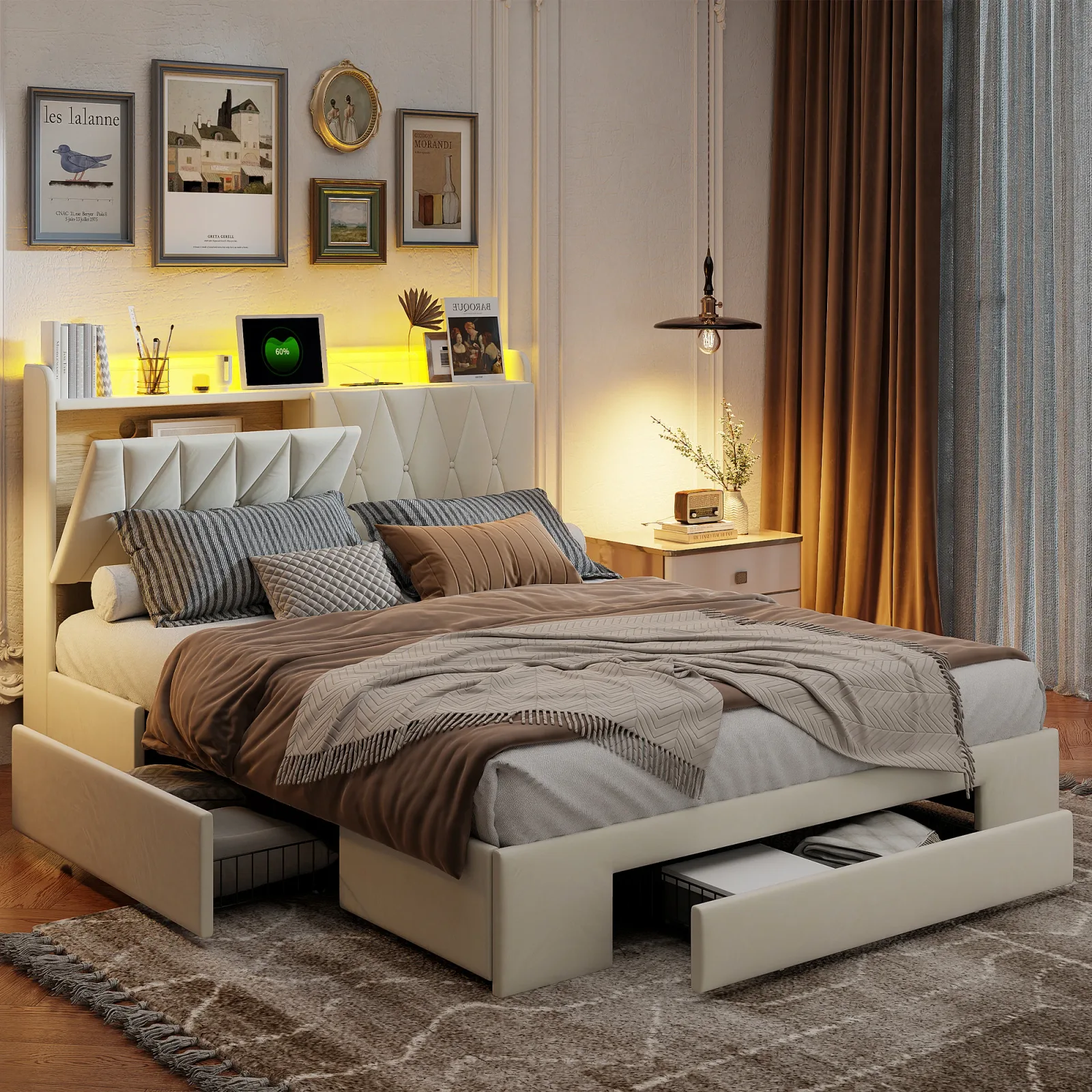 Lit 160x200cm, lit double avec 3 tiroirs et rangement sous la tête de lit, lit de rangement en velours beige avec sommier à lattes, lit pour jeune, lit fonctionnel, cadre de lit pour chambre à coucher et chambre d'amis